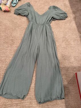 Sage Green Puff Sleeve Wide Leg Jumpsuit